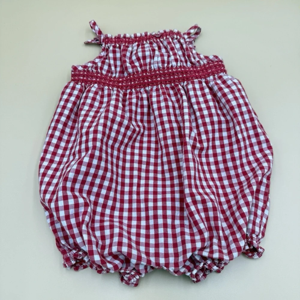 Baby‎ Gap Y2K Romper Baby Girl 3-6 M Red Gingham Smocked Outfit Bow Summer